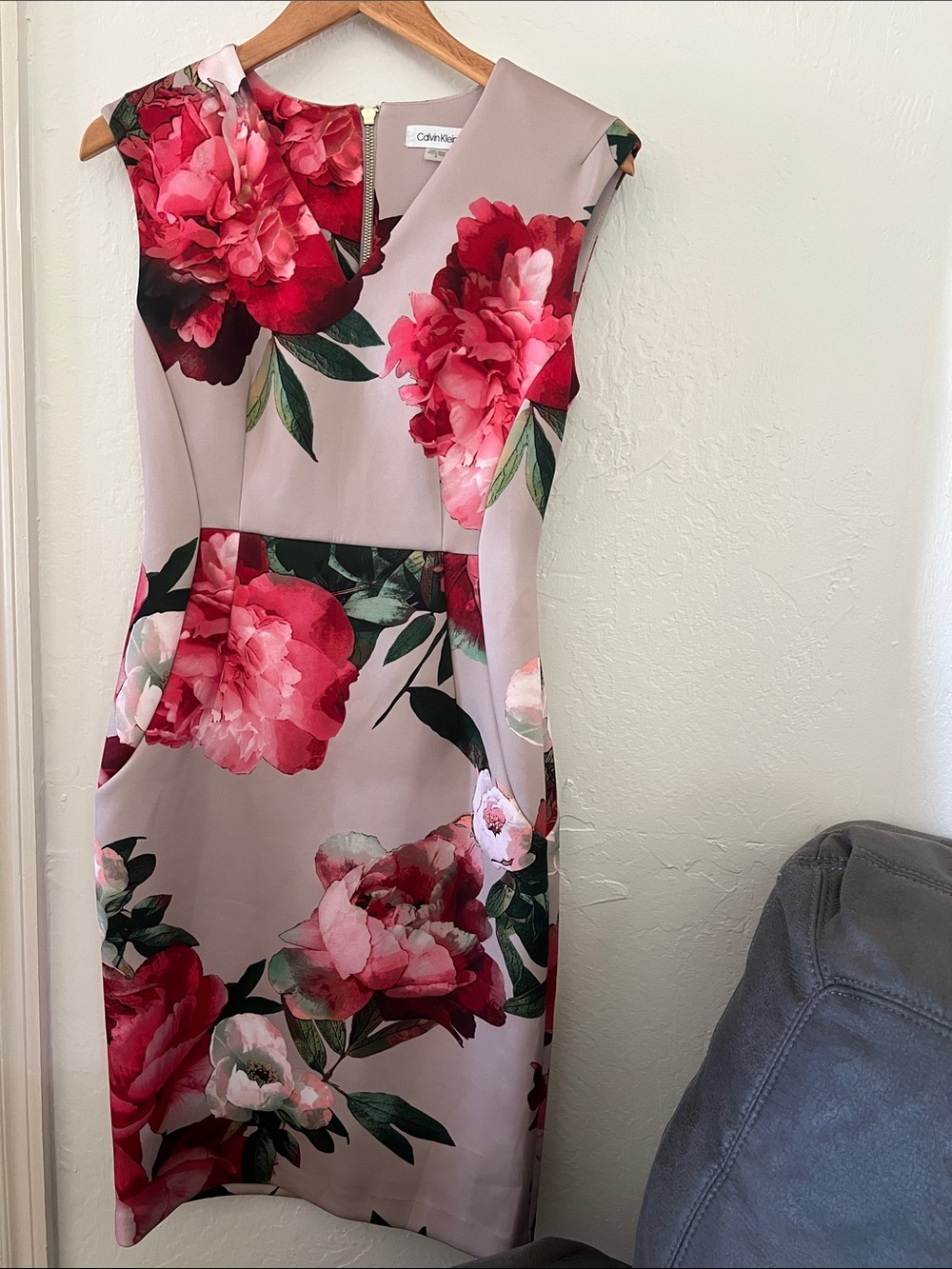 Calvin Klein Taupe Sheath Dress with Red and Pink Floral Print